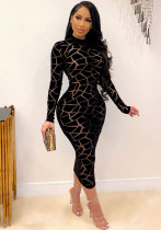 Women's Fashion Ladies Printed Mesh Round Neck Long Sleeve Maxi Plus Size Dress