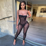 Summer Ladies Sexy Mesh See-Through Straps Pleated Fashion Chic Slim Jumpsuit