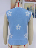 Spring And Summer Women'S Printed V-Neck Sleeveless Knitting Flower Pullover Women'S Knitting Shirt