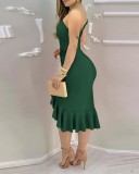 Summer Women'S Solid Color Slash Shoulder Low Back Ruffle Slim Formal Party Evening Dress