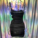 Women'S Silver Silk Straps Sexy High Stretch Slim Cutout Low Back Dress For Women