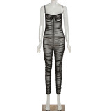 Summer Ladies Sexy Mesh See-Through Straps Pleated Fashion Chic Slim Jumpsuit