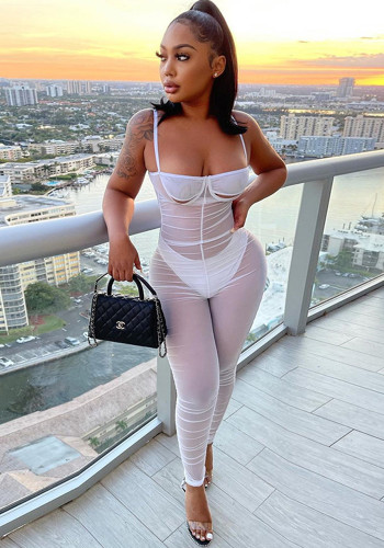 Summer Ladies Sexy Mesh See-Through Straps Pleated Fashion Chic Slim Jumpsuit