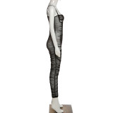 Summer Ladies Sexy Mesh See-Through Straps Pleated Fashion Chic Slim Jumpsuit