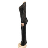 sexy rhinestone bead long sleeve see through long club dress