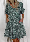 Women Printed Ruffle Pocket Dress