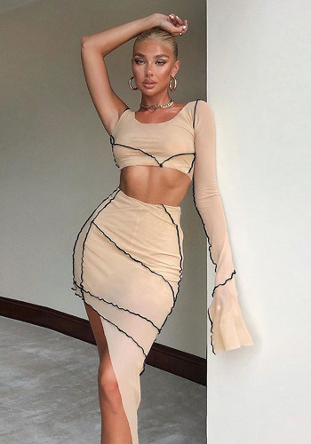 Women Bell Bottom Sleeve Mesh Irregular Skirt Set