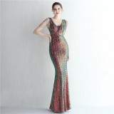 Women Beaded Iridescent Strapless Evening Dress