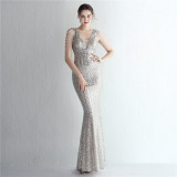 Women Beaded Iridescent Strapless Evening Dress