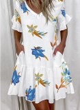 Women Printed Ruffle Pocket Dress