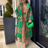 Women Color Block Long Sleeve Turndown Collar Print Jacket
