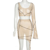 Women Bell Bottom Sleeve Mesh Irregular Skirt Set