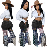 Women's Patchwork Houndstooth Bell Bottom Denim Ruffle Trousers