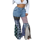 Women's Patchwork Houndstooth Bell Bottom Denim Ruffle Trousers