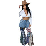 Women's Patchwork Houndstooth Bell Bottom Denim Ruffle Trousers