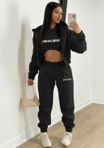 Women's Fashion Fleece Hoodies Letter Print Casual Set (Three-Piece)
