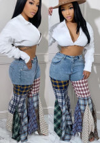Women's Patchwork Houndstooth Bell Bottom Denim Ruffle Trousers Women's Patchwork Houndstooth Bell Bottom Denim Ruffle Trousers