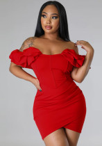 Fashion Ladies Solid Color Petal Sleeves Sexy Slim Waist Herringbone Dress Fashion Ladies Solid Color Petal Sleeves Sexy Slim Waist Herringbone Dress