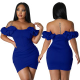 Fashion Ladies Solid Color Petal Sleeves Sexy Slim Waist Herringbone Dress