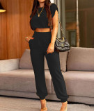 Women Solid Color Short Sleeve Top and Pant Two-Piece Set