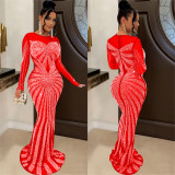 Women Solid Color Mesh See-Through Beaded Long Sleeve Maxi Dress