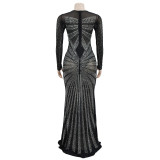 Women Solid Color Mesh See-Through Beaded Long Sleeve Maxi Dress