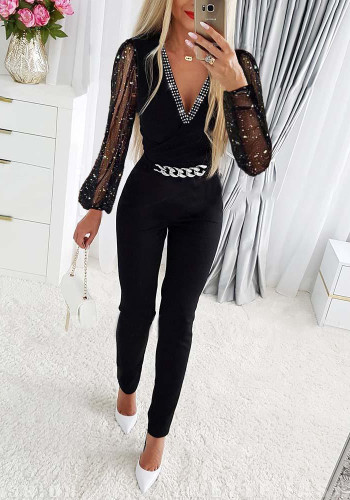 Women Fall Black V-Neck Chain Jumpsuit