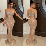 Women Solid Color Mesh See-Through Beaded Long Sleeve Maxi Dress