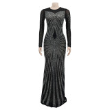 Women Solid Color Mesh See-Through Beaded Long Sleeve Maxi Dress