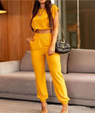 Women Solid Color Short Sleeve Top and Pant Two-Piece Set