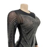 Women Solid Color Mesh See-Through Beaded Long Sleeve Maxi Dress