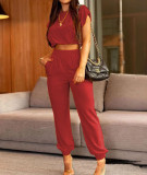 Women Solid Color Short Sleeve Top and Pant Two-Piece Set