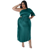 Women Sexy Slash Shoulder Drawstring Pleated Dress