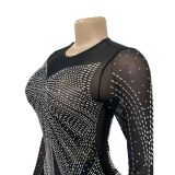 Women Solid Color Mesh See-Through Beaded Long Sleeve Maxi Dress