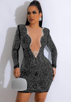 Women's Fashion Solid Color Beaded Mesh V-Neck Long Sleeve Dress(customized,MOQ 6pcs/size/color,process time 7-10 days) Women's Fashion Solid Color Beaded Mesh V-Neck Long Sleeve Dress(customized,MOQ 6pcs/size/color,process time 7-10 days)