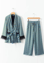Summer Plume Drape Casual Blazer Print Drape Wide-Leg Pants Set Summer Plume Drape Casual Blazer Print Drape Wide-Leg Pants Set