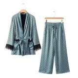 Summer Plume Drape Casual Blazer Print Drape Wide-Leg Pants Set