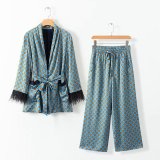 Summer Plume Drape Casual Blazer Print Drape Wide-Leg Pants Set