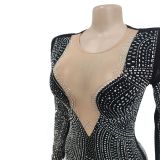 Women's Fashion Solid Color Beaded Mesh V-Neck Long Sleeve Dress（customized,MOQ 6pcs/size/color,process time 7-10 days）