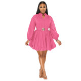 Women Solid Color Stand Collar Long Sleeve Tunic Dress