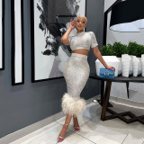 Ladies Fashion Sequin Short Sleeve Bodycon Sexy Feather Dress