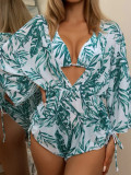 Skirt printed swimsuit women cover belly bikini long sleeve mesh Three-Piece swimsuit