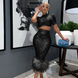 Ladies Fashion Sequin Short Sleeve Bodycon Sexy Feather Dress