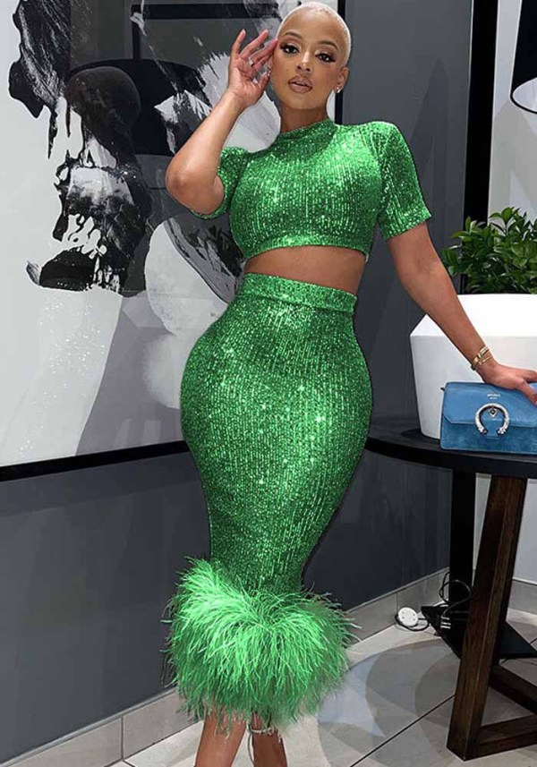 Ladies Fashion Sequin Short Sleeve Bodycon Sexy Feather Dress