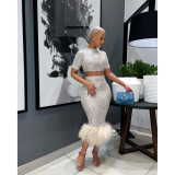 Ladies Fashion Sequin Short Sleeve Bodycon Sexy Feather Dress