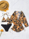 Skirt printed swimsuit women cover belly bikini long sleeve mesh Three-Piece swimsuit
