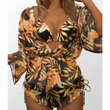 Skirt printed swimsuit women cover belly bikini long sleeve mesh Three-Piece swimsuit