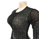 Fashion Women's Mesh Beaded V-Neck Long Sleeve Feather Long Library Jumpsuit