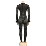 Fashion Women's Mesh Beaded V-Neck Long Sleeve Feather Long Library Jumpsuit