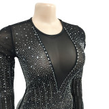 Fashion Women's Mesh Beaded V-Neck Long Sleeve Feather Long Library Jumpsuit